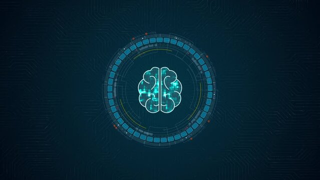 Motion graphic of Blue digital robot brain logo and circle futuristic HUD elements with Ai chatbot and machine learning technology and ai assistance concepts on circuit board abstract background