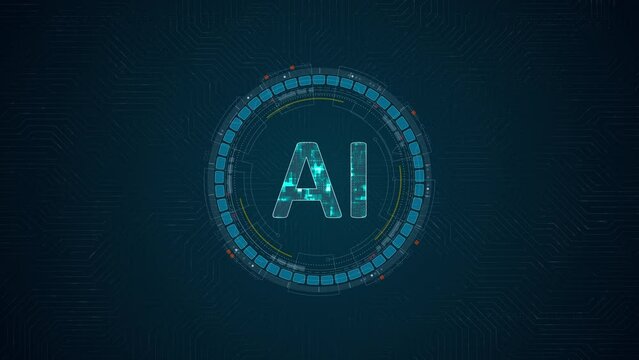 Motion graphic of Blue digital AI letter and circle futuristic HUD elements with Ai chatbot and machine learning technology and ai assistance concepts on circuit board abstract background