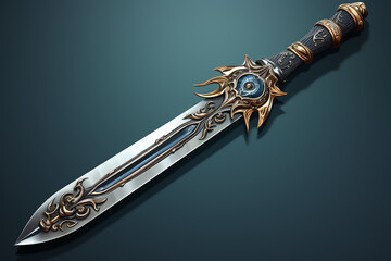 Fantasy long sword with patterns and leather on the handle on an isolated white background. 3d illustration