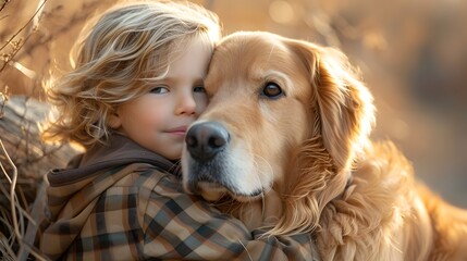 child and their dog, a gentle and caring Golden Retriever comforting a child, highlighting its nurturing and compassionate personality