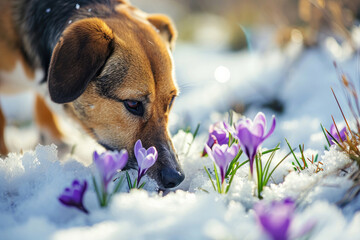 Dog walking outdoors in early spring day and sniffing crocus flowers