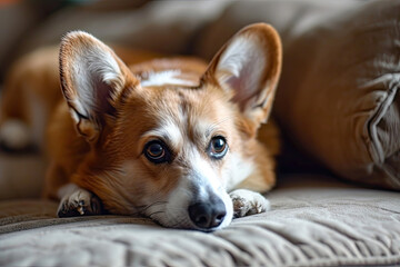 Corgi dog lying on the sofa