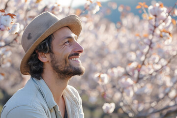 Obraz premium Smiling man enjoying spring in the garden with blooming cherry trees