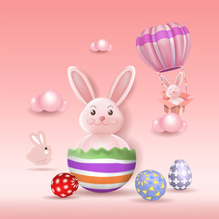 Easter poster template with Easter eggs on a light blue background. Easter bunny, greetings and gifts for Easter Day