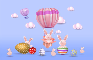 Easter poster template with Easter eggs on a light blue background. Easter bunny, greetings and gifts for Easter Day