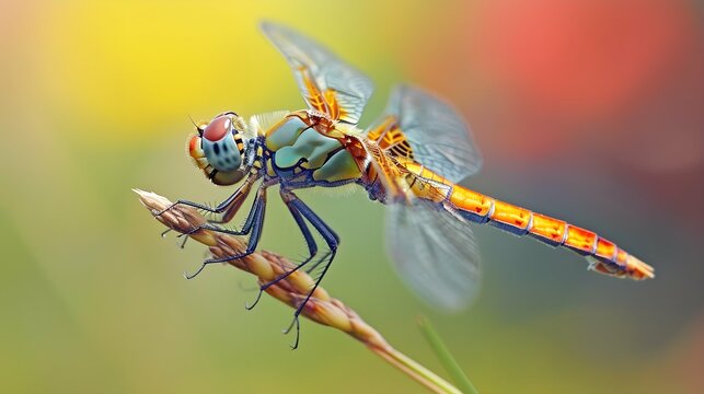 A dragonfly resting on a blade of grass, photographed from a low angle, showcasing the iridescent wings and multifaceted eyes of this ancient and fascinating insect. 