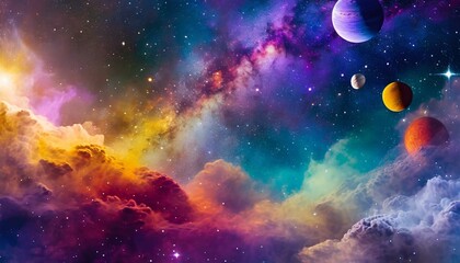 colourful cosmic galactic space background banner vibrant deep space panoramic view with many different stars planets and cloud formations