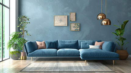 modern living room, Stylish apartment interior with modern kitchen. modern home on blue wall