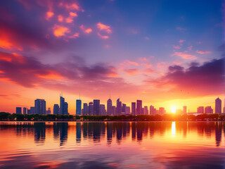 Fototapeta premium Urban Evening Glow: A stunning cityscape silhouette featuring skyscrapers against the vibrant sunset sky, reflecting on calm waters, creating a mesmerizing panorama