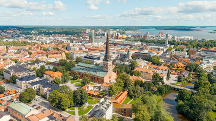 Fototapeta na wymiar Vasteras, Sweden. Westeros Cathedral. Panorama of the central part of the city. Summer day, Aerial View