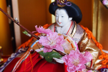 桃の花と雛人形