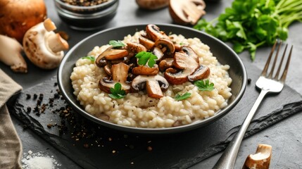 a bowl of rice with mushrooms and parsley on a table with a knife, fork, spoon, and parsley on the side of the bowl is surrounded by mushrooms and parsley.