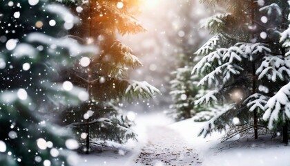 beautiful new year s white winter background with snow covered fir trees in the forest close up and a path between them bokeh and space for text