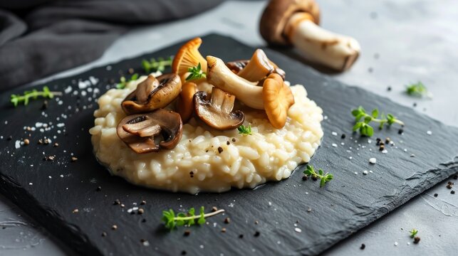 a close up of a plate of food with mushrooms on top of mashed potatoes and parmesan sprinkled with parsley on a black slate board.