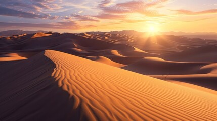  the sun is setting over a desert with sand dunes in the foreground and mountains in the distance, with a few clouds in the sky and a few clouds in the distance.