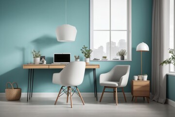 Scandinavian interior home design of modern workplace with wooden chair and laptop on a table with a turquoise wall near the window
