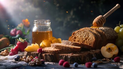  a table topped with bread and fruit next to a jar of honey and a jar of honey on top of a cutting board next to a pile of sliced fruit.