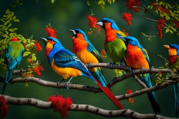 Naklejka premium A group of colorful birds perched on a tree branch, singing in harmony, with their feathers puffed up and vibrant, creating a symphony of sounds and colors in nature.