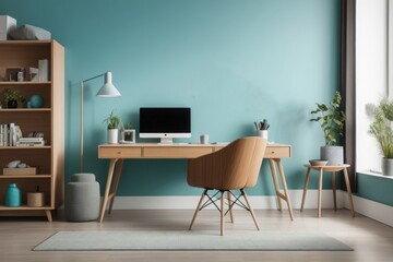 Scandinavian interior home design of modern workplace with wooden chair and laptop on a table with a turquoise wall near the window
