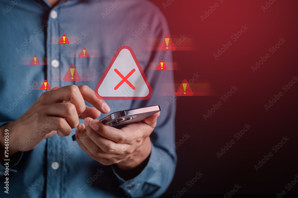 Aufkleber System warning caution sign for notification error and maintenance concept. cyber attack on computer network. Cybersecurity vulnerability, data breach, illegal connection, compromised information.