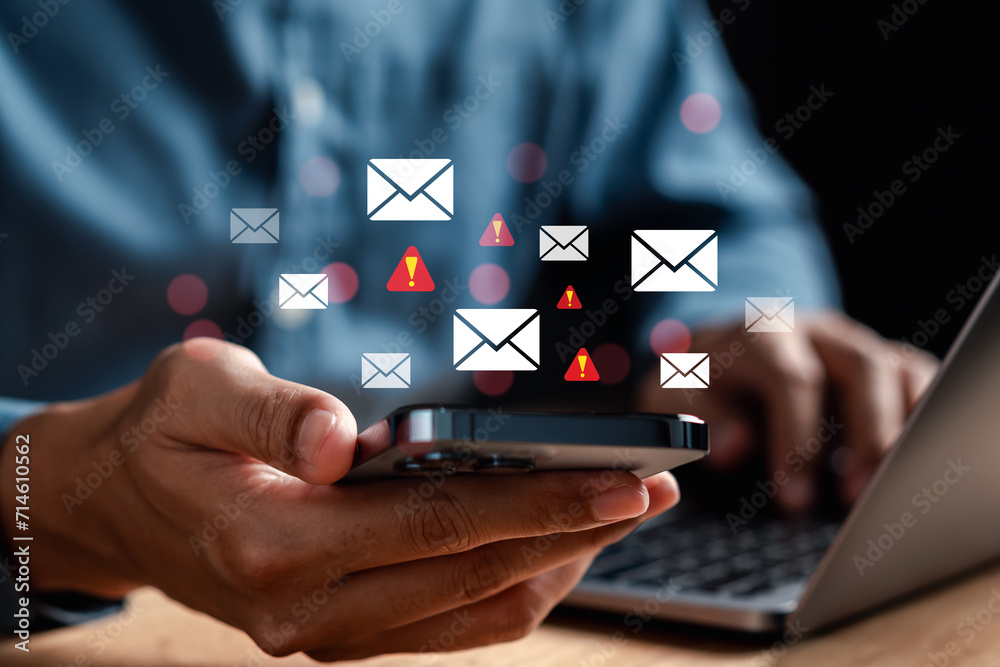 Fototapete Alert Email inbox and spam virus with warning caution for notification on internet letter security protect, junk and trash mail and compromised information..