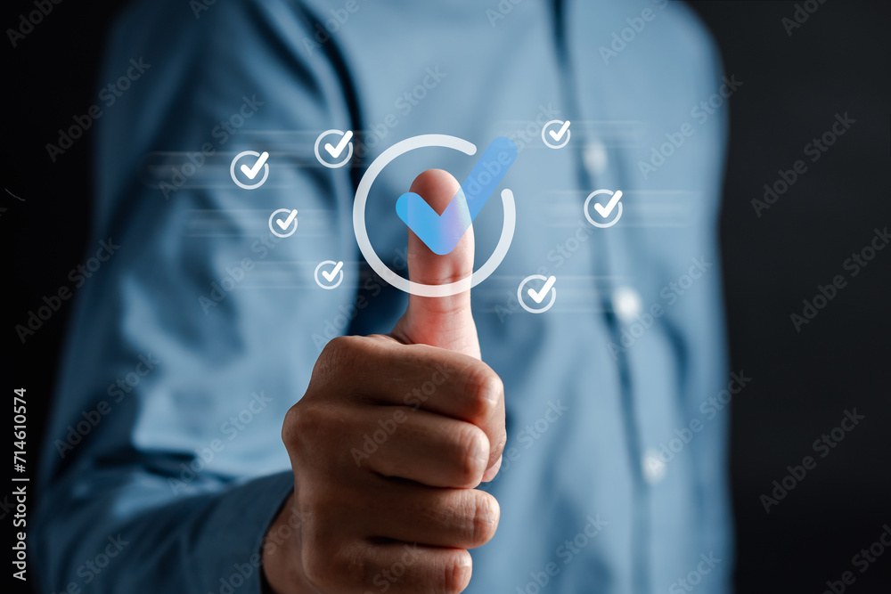 Poster Digital Guarantee Checkmark, business checking quality assurance QA or QC management, certification Standardization, certification. Compliance to regulations service and standards..