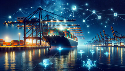 A futuristic cargo ship at a port with digital network connections, symbolizing advanced logistics, global trade, and smart technology integration.Logistics solutions in the future.AI generated.