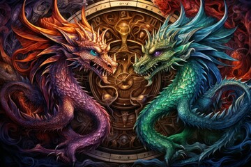 Whirling kaleidoscope dragons, casting mesmerizing patterns with their scales - Generative AI