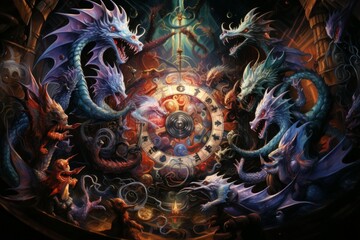 Obraz premium Whirling kaleidoscope dragons, casting mesmerizing patterns with their scales - Generative AI