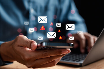 Alert Email inbox and spam virus with warning caution for notification on internet letter security...