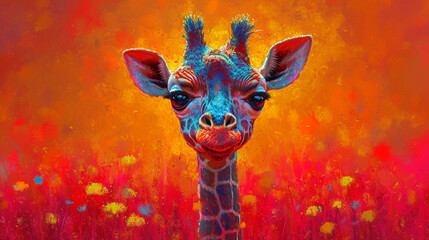 detailed illustration of a print of colorful baby giraffe