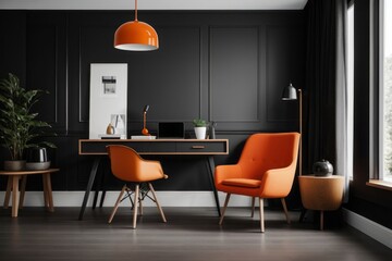 Scandinavian interior home design of modern workplacewith wooden table chair and orange decorations with a dark wall near the window