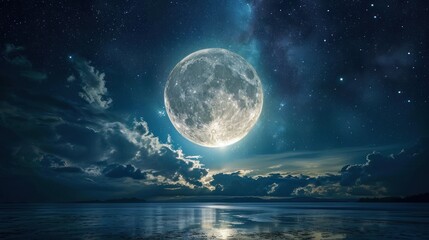  a full moon in the night sky over a body of water with a reflection of the moon on the surface of the water, and clouds in the foreground.