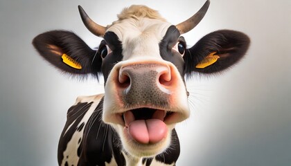 surprised cow with goofy face mooing and looking at camera on white background close up portrait of funny animal - obrazy, fototapety, plakaty