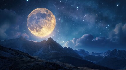  a full moon in the night sky over a mountain range with a mountain range in the foreground and a mountain range in the foreground with a few stars in the sky.