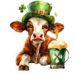 St. Patricks Day Cow PNG, Hand Drawn watercolor PNG, Cow St. Patrick's Day PNG
