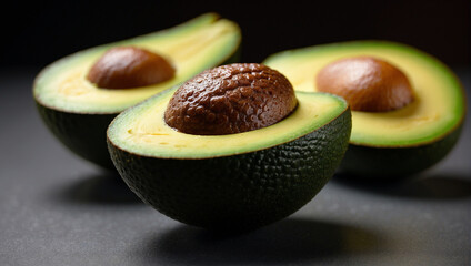 A captivating macro shot of a sliced avocado, revealing its lush green textures in intricate detail, set against a soft and inviting background
