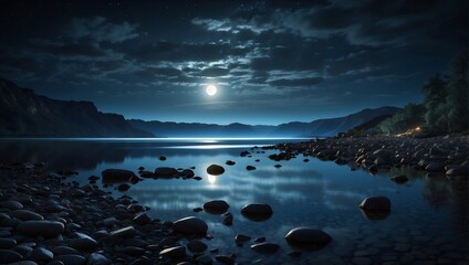 Fototapeta premium Nightfall Harmony. The beauty of a full moon landscape graces a rocky river with its luminous blue glow