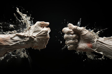 Two men's fists on a black background. Concept of conflict, complex relationships. Generated by artificial intelligence