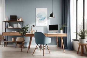 Scandinavian interior home design of modern workplace with wooden table and blue chairs with blue wall and bookshelf near the window