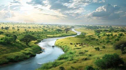  a river running through a lush green field next to a lush green field with trees and grass on both sides of the river and a cloudy sky with white clouds.