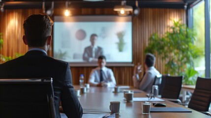 Rear view of business meeting presentation surrounding table