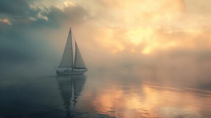 Fototapeta premium Sailboat sailing on beautiful misty day 