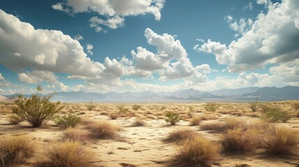 Fototapeta premium a view of a desert with mountains in the distance and a blue sky with clouds in the foreground and a few bushes in the foreground and a few bushes in the foreground.