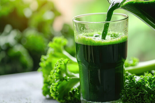 Pouring green juice into a glass.Diet. Healthy Eating Pouring Fresh Raw Green Detox Vegetable Juice. Healthy Lifestyle,