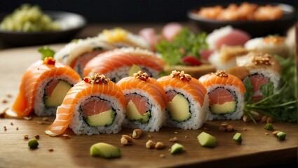 Sushi rolls with salmon, avocado and cucumber on wooden plate