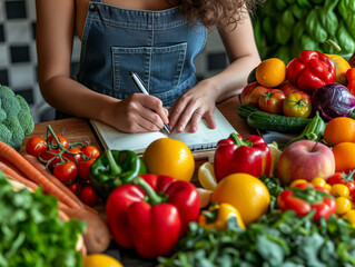 woman writing in a notebook surrounded by a variety of colorful fruits and vegetables, planning healthy diet