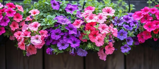 Fototapeta na wymiar Pot of hanging petunias and surfinias flowers, summer garden inspiration for container plants.