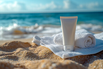 Fototapeta na wymiar Closeup of white Sunscreen tube product mockup on the beach.