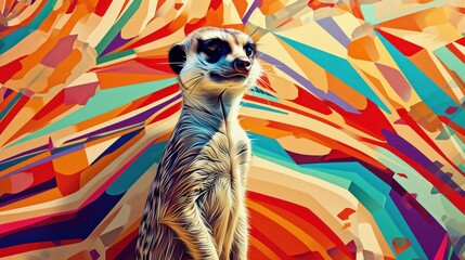  a painting of a meerkat standing in front of a background of multicolored strips of paint with a black eye and one eye on the top of the meerkat.